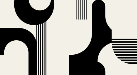 Minimalist geometric art composition featuring abstract shapes and contrasting colors