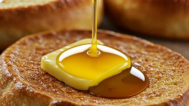 Golden syrup drizzling over a melting butter pat on warm, toasted bread, creating a delicious breakfast scene