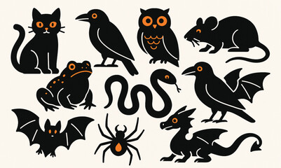 Naklejka premium Set of witch familiars Halloween flat vector icons