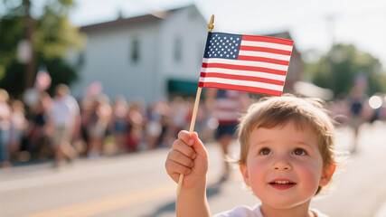 Close-up of a child's hand waving a small American flag during a sunny hometown parade on a national holiday