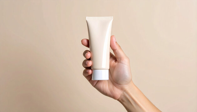 Man's hand holding a blank beige cosmetic tube for a skincare or lotion mockup, on a clean background with copy space.