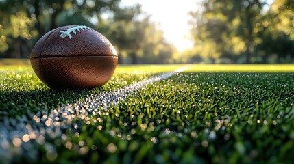 American Football on a Green Field at Sunset