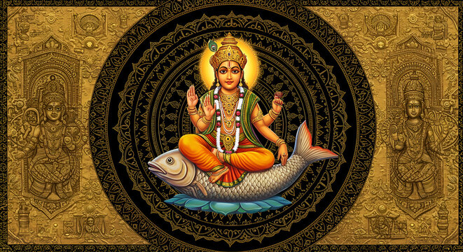 Vishnu Avatar Matsya cosmic savior on fish