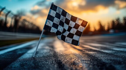 Checkered Racing Flag Signaling Finish Line of High-Speed Competition in Motorsports Event