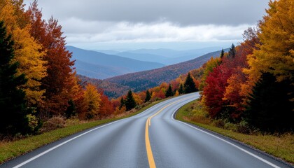 Scenic Route Through Autumnal Forest With Layered Mountain Landscape and Cloudy Sky