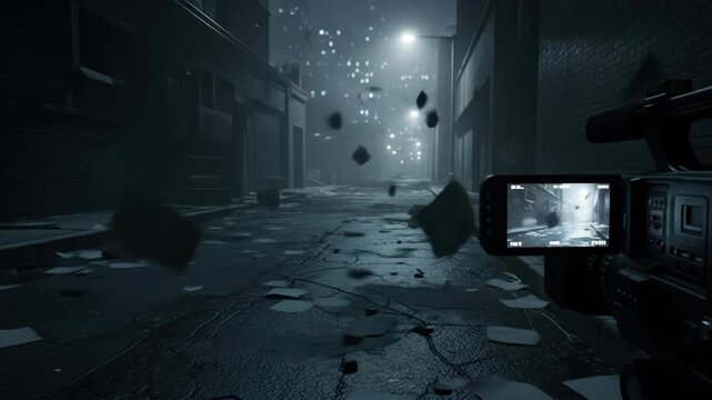 Camera filming dark abandoned alley with papers blowing in the wind at night.