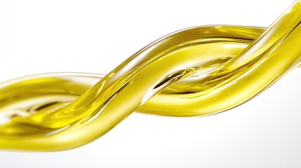 A close-up shot reveals a viscous, golden liquid gracefully swirling and flowing against a bright white backdrop, forming an elegant double helix shape, showcasing its translucency and texture