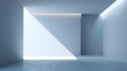 Minimalist, bright white room with subtle shadows cast by unseen light sources, creating a clean, spacious atmosphere; a recessed area is visible on one wall