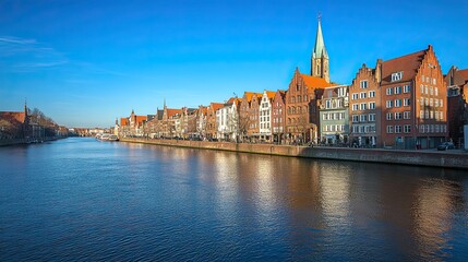Obraz premium City of Bremen Skyline with Historic Buildings and River Waterfront Under Clear Blue Sky on Bright Day