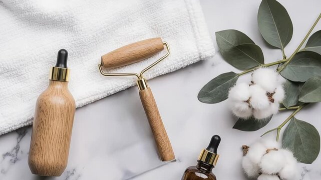 Spa essentials with facial roller and oil bottles on marble background