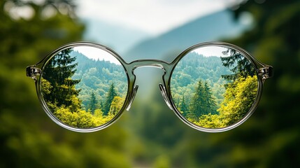 Clear Vision Concept with Transparent Glasses Focusing on Distant Objects Against Blurred Nature Background