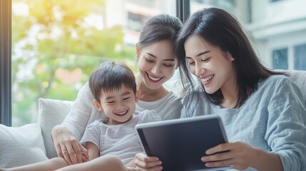 Happy Asian family using digital tablet in living at home, relaxing at home for lifestyle concept.