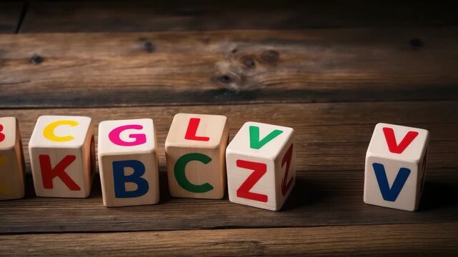 Alphabet learning wooden blocks ABC on rustic wooden background, education concept.