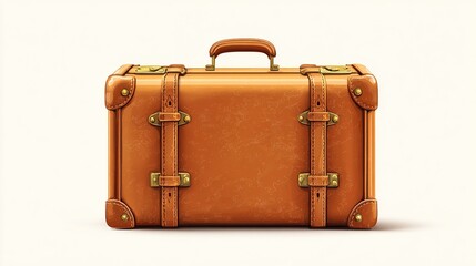 Front-facing, vintage, tan leather suitcase with brass hardware on plain backdrop