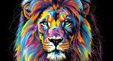 Abstract vibrant lion head artwork with colorful paint splatters and bold strokes on a black background, wild animal art.