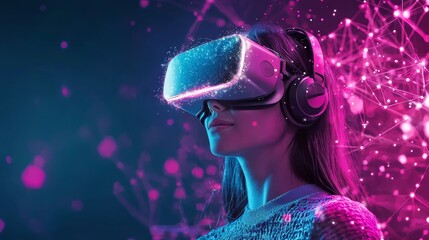 Metaverse technology concept. Woman with VR virtual reality goggles. Futuristic lifestyle.