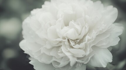 Elegant monochrome close-up of a lush, layered peony bloom in soft focus