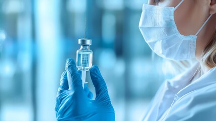 Person, hand and vaccine bottle with needle for treatment or control for virus, disease and liquid vial.