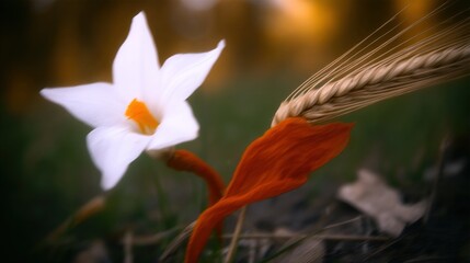 Obraz premium White flower, wheat stalk, & curled orange leaf on grassy ground, blurred