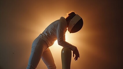 Fencer bowing in warm backlight, graceful finish after intense fencing duel
