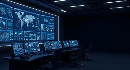 Logistics control room with glowing digital maps and dashboards, dark ambiance with glowing UI