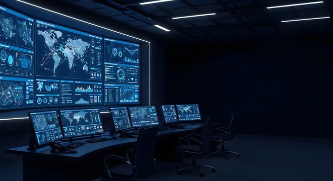 Logistics control room with glowing digital maps and dashboards, dark ambiance with glowing UI