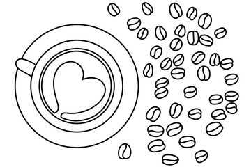 Coffee cup with coffee beans on the side. Latte art forming a heart. Line art illustration