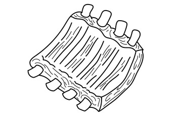 American style grilled ribs illustrated in black and white, detailed drawing of traditional southern American barbecue