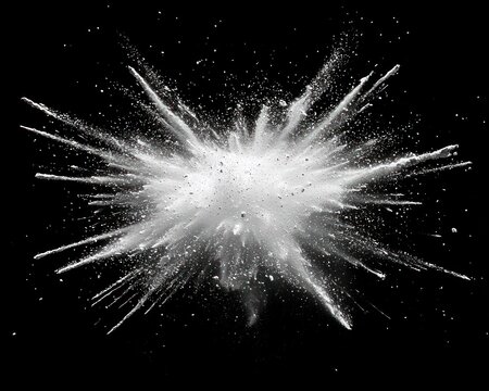 A grayscale explosion of fine particles radiating outward from a central point against a black background
