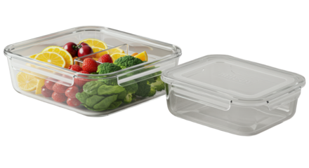 Clear glass food storage containers with fresh produce.  One container holds sliced fruit and vegetables.