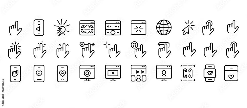 Fototapete Vector art of a comprehensive set of thin line icons representing various touch gestures and digital interactions on mobile devices and websites