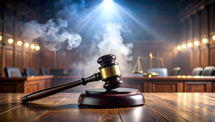 Gavel with courtroom, justice, and smoke.