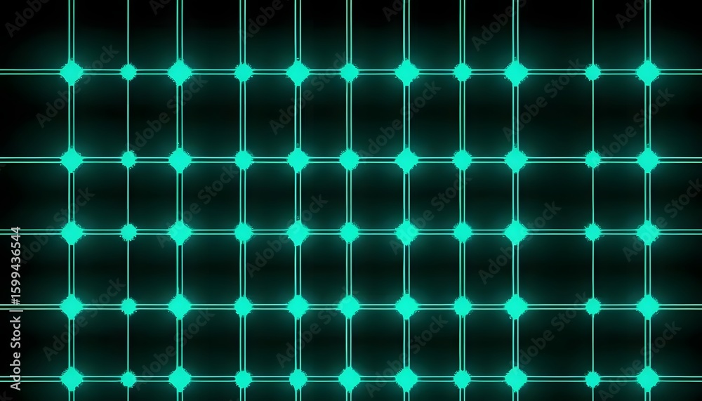 Poster a glowing grid pattern with turquoise lines and square nodes on a dark black background design eleme
