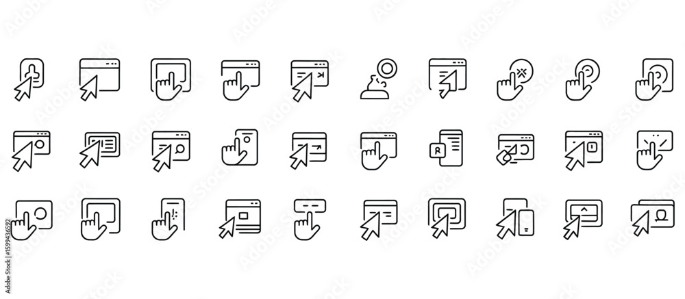 Fototapete Vector art of a collection of thin line icons illustrating website interactions touch gestures and cursor movements on digital devices