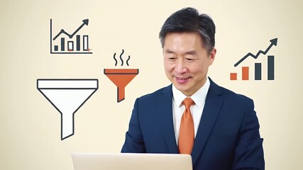 Asian Businessman In Dark Suit Smiling At Laptop With Marketing Charts Drawings - Powered by Adobe