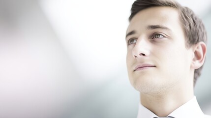 Man looking up, right side focus, fair skin, light background, slightly smirk