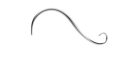 Smooth silver metal wire with a gentle curve and a curled end isolated on white or transparent png. 