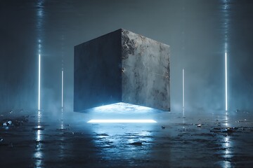 Floating Textured Cube Illuminated by Blue Light in Dark Room with Wet Floor