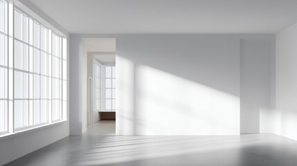 Fototapeta premium Sunlit empty room with large window, white walls, grey floor, and a doorway leading to another bright space