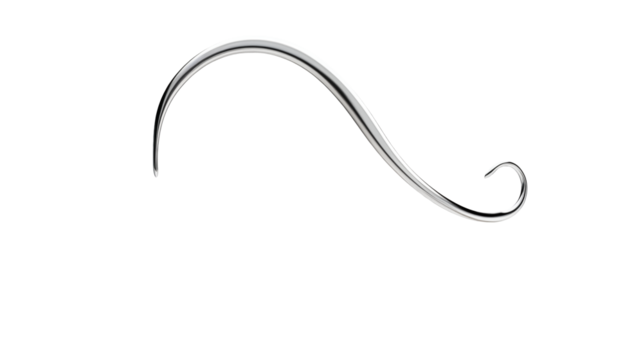 Smooth silver metal wire with a gentle curve and a curled end isolated on white or transparent png. 