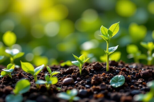 Fresh Green Seedlings Growing in Rich Soil Under Soft Natural Light, Symbolizing Hope and New Beginnings in Nature