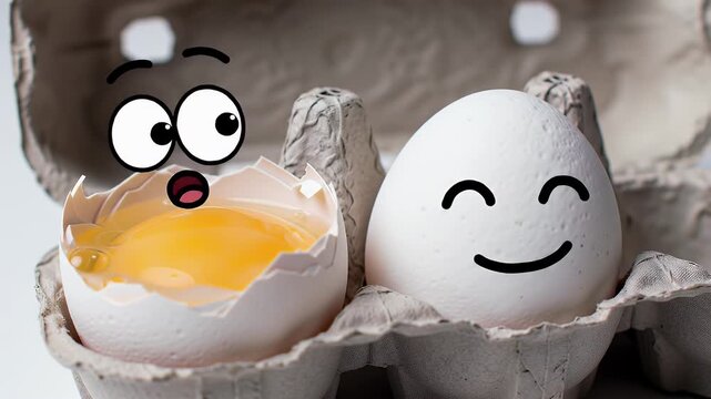 Cartoon Eggs with Funny Faces in an Egg Carton on White Background With Cracking Shell