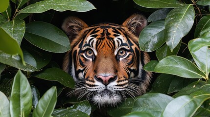 Majestic Sumatran Tiger Hidden in Lush Jungle Foliage
