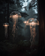 Glowing glass jellyfish lanterns drift through a dark enchanted forest, blending light, fantasy, and nature.