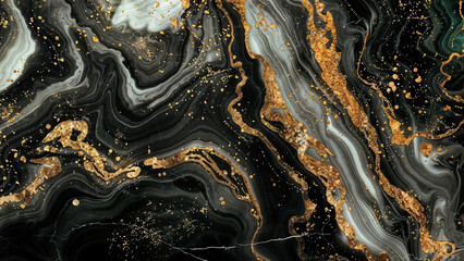 Elegant black and gold marble abstract with flowing luxury texture, perfect for modern art and design themes.
