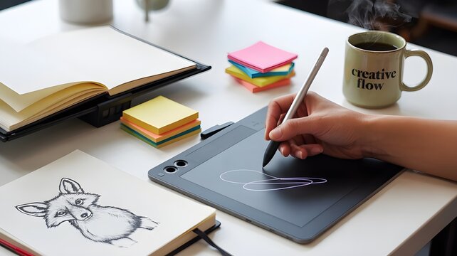 Digital artist working on a tablet with stylus