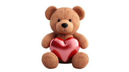 Fototapeta premium Cute teddy bear holding a shiny red heart, representing love and affection isolated on white or transparent png. 