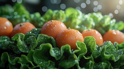 Juicy Oranges Nestled in Dew-Kissed Lettuce