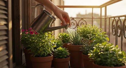 Watering Can Sprinkling Potted Plants on Balcony in Sunlight