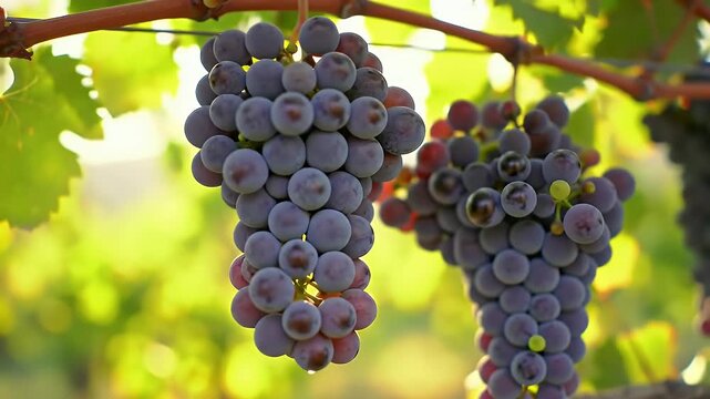 Close Up of Purple Grapes on Vine at Vineyard with Green Leaves and Sunlit Background